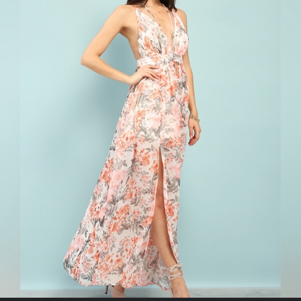 Floral maxi dress with slit and cross back